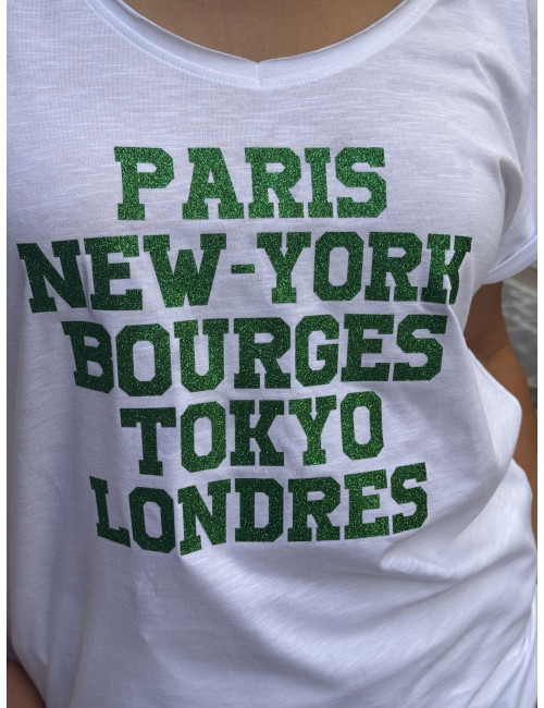 Tee shirt PARIS NEW YORK BOURGES TOKYO LONDRES paillettes vertes Anouk & Ninon