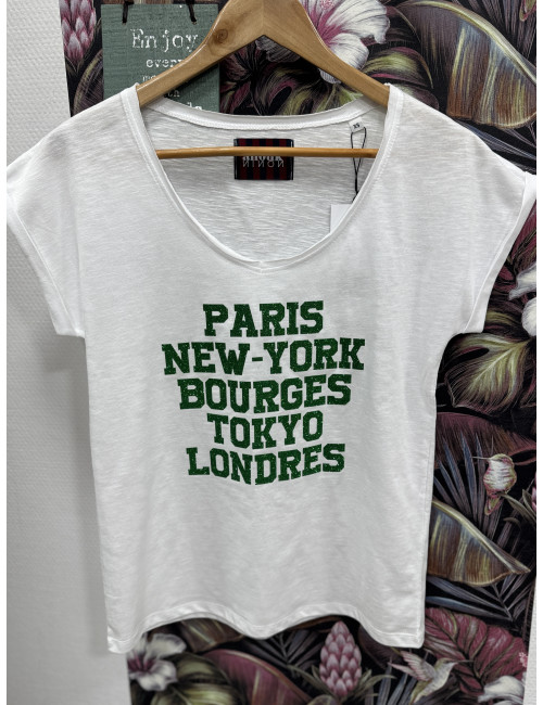Tee shirt PARIS NEW YORK BOURGES TOKYO LONDRES paillettes vertes Anouk & Ninon