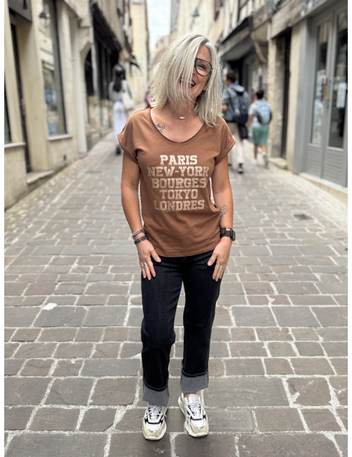 Tee shirt camel PARIS New York pailettes camel