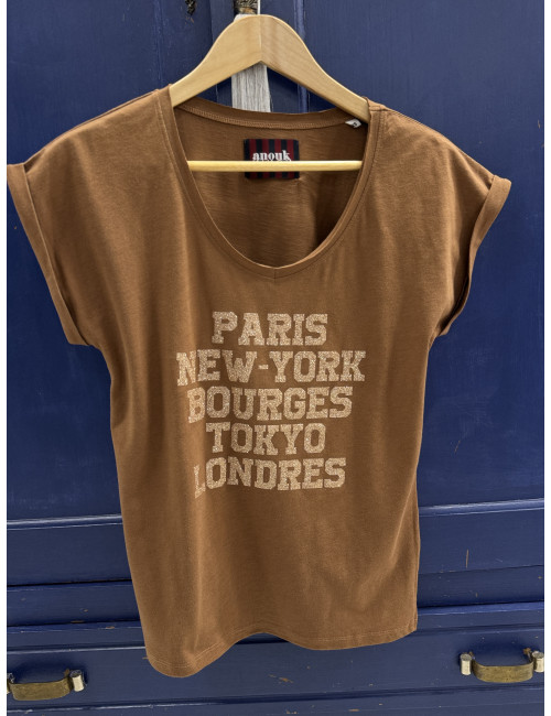 Tee shirt camel PARIS New York pailettes camel