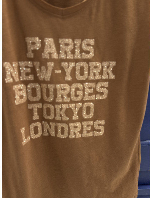 Tee shirt camel PARIS New York pailettes camel