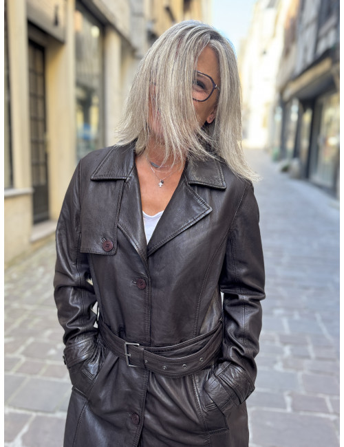 Veste cuir longue chocolat LIYA Mauritius