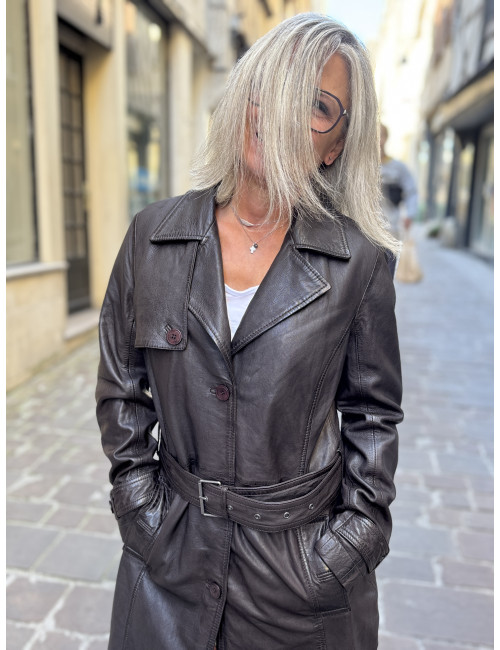 Veste cuir longue chocolat LIYA Mauritius