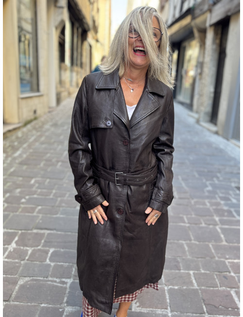 Veste cuir longue chocolat LIYA Mauritius