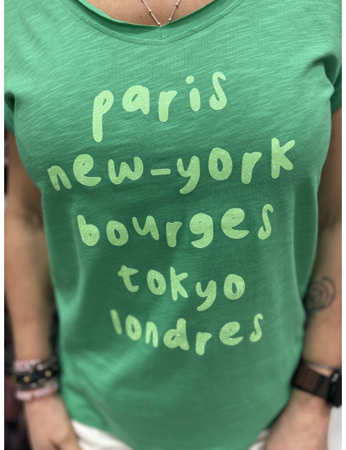 Tee shirt Paris New York Bourges neon fond vert
