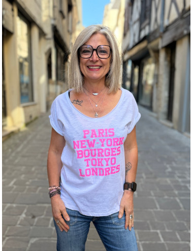 Tee shirt PARIS NEW YORK blanc pailettes rose