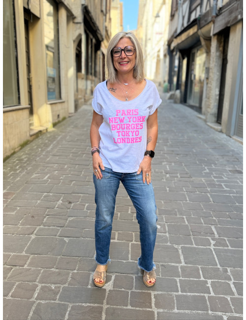 Tee shirt PARIS NEW YORK blanc pailettes rose
