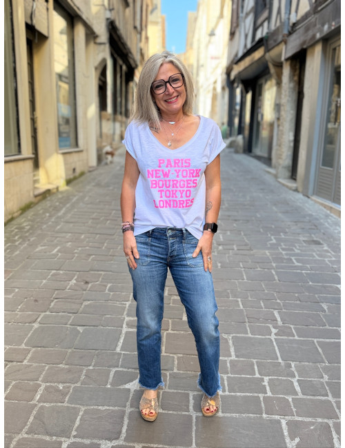 Tee shirt PARIS NEW YORK blanc pailettes rose