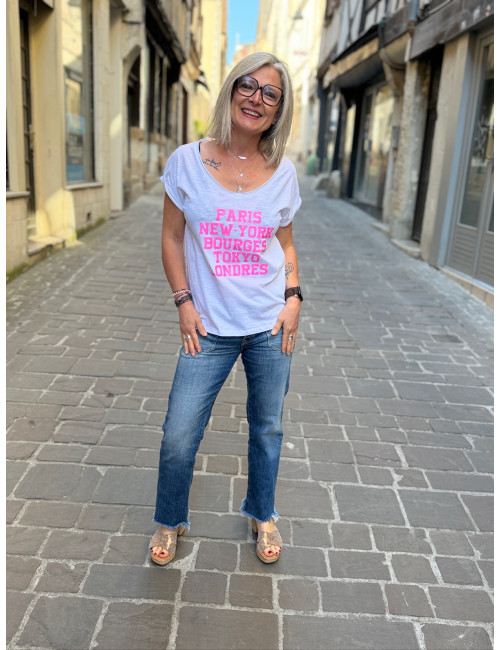 Tee shirt PARIS NEW YORK blanc pailettes rose