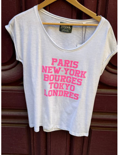 Tee shirt PARIS NEW YORK blanc pailettes rose