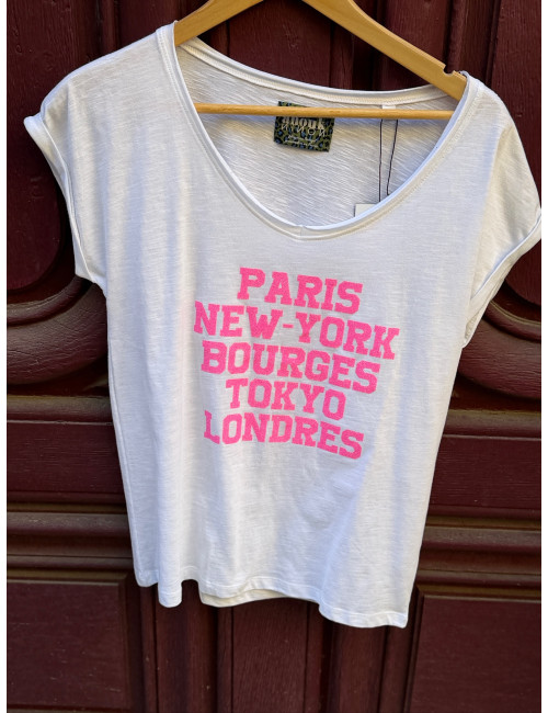 Tee shirt PARIS NEW YORK blanc pailettes rose