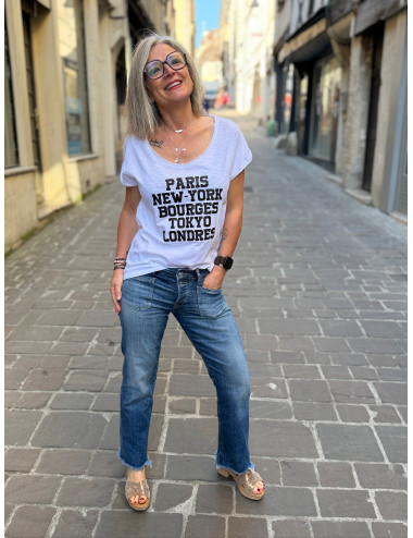 Tee Shirt Paris New york Bourges blanc paillettes noires