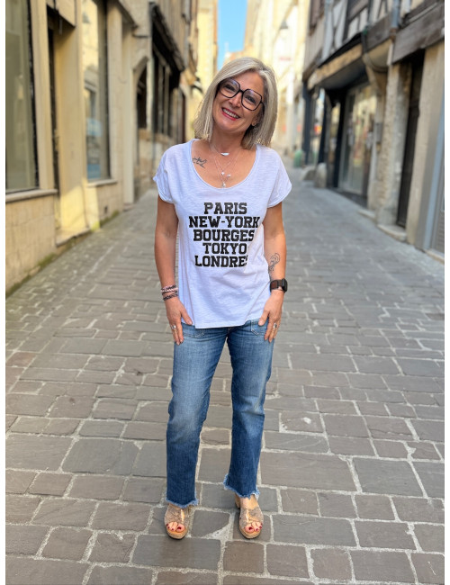Tee Shirt Paris New york Bourges blanc paillettes noires