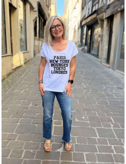 Tee Shirt Paris New york Bourges blanc paillettes noires