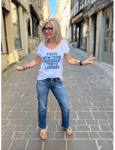Tee shirt PARIS NEW YORK BOURGES TOKYO LONDRES paillettes bleues Anouk & Ninon