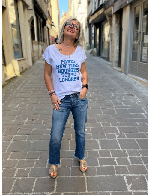 Tee shirt PARIS NEW YORK BOURGES TOKYO LONDRES paillettes bleues Anouk & Ninon
