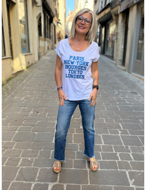 Tee shirt PARIS NEW YORK BOURGES TOKYO LONDRES paillettes bleues Anouk & Ninon
