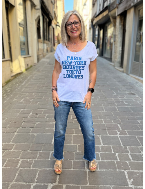 Tee shirt PARIS NEW YORK BOURGES TOKYO LONDRES paillettes bleues Anouk & Ninon