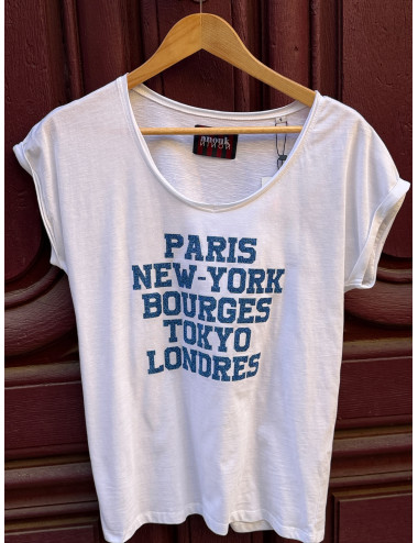 Tee shirt PARIS NEW YORK BOURGES TOKYO LONDRES paillettes bleues Anouk & Ninon