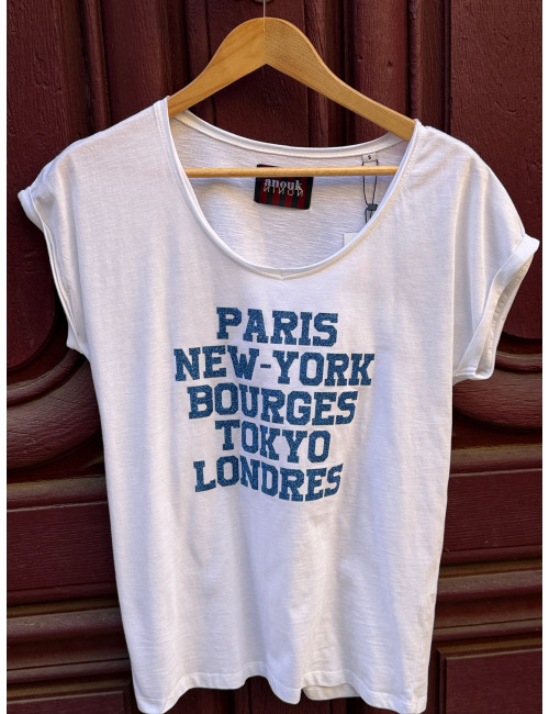 Tee shirt PARIS NEW YORK BOURGES TOKYO LONDRES paillettes bleues Anouk & Ninon