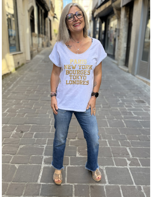 T shirt blanc/ paillettes or PARIS NEW YORK BOURGES TOKYO LONDRES