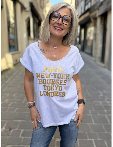 T shirt blanc/ paillettes or PARIS NEW YORK BOURGES TOKYO LONDRES