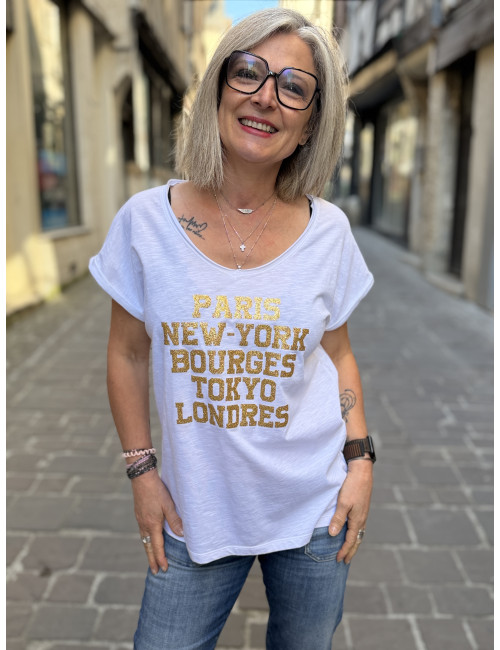 T shirt blanc/ paillettes or PARIS NEW YORK BOURGES TOKYO LONDRES