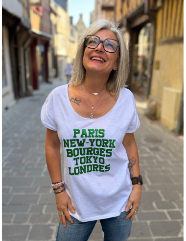 Tee shirt PARIS NEW YORK BOURGES TOKYO LONDRES paillettes vertes Anouk & Ninon
