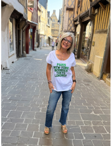 Tee shirt PARIS NEW YORK BOURGES TOKYO LONDRES paillettes vertes Anouk & Ninon