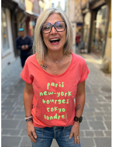 Tee shirt Paris New York Bourges neon fond corail