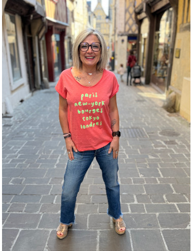 Tee shirt Paris New York Bourges neon fond corail