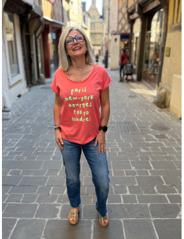 Tee shirt Paris New York Bourges neon fond corail