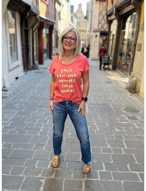 Tee shirt Paris New York Bourges neon fond corail