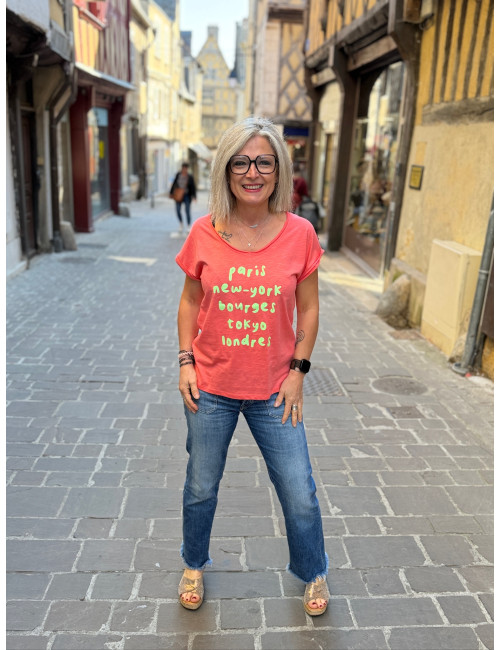 Tee shirt Paris New York Bourges neon fond corail