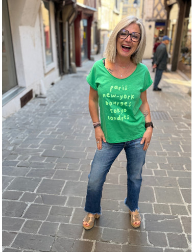 Tee shirt Paris New York Bourges neon fond vert