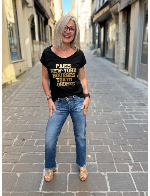 Tee shirt PARIS NEW YORK BOURGES TOKYO LONDRES paillettes or Anouk & Ninon