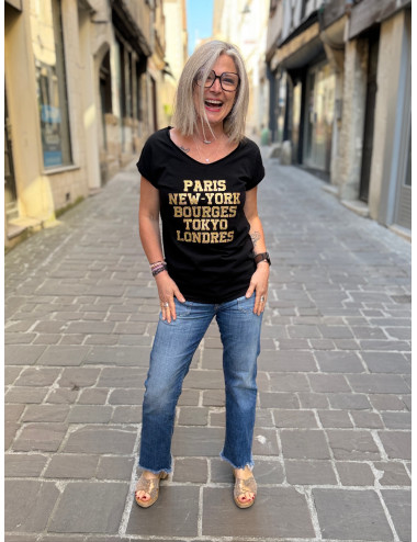 Tee shirt PARIS NEW YORK BOURGES TOKYO LONDRES paillettes or Anouk & Ninon