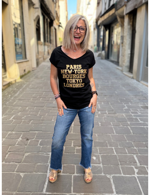 Tee shirt PARIS NEW YORK BOURGES TOKYO LONDRES paillettes or Anouk & Ninon