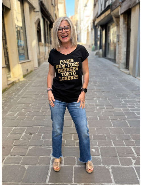 Tee shirt PARIS NEW YORK BOURGES TOKYO LONDRES paillettes or Anouk & Ninon
