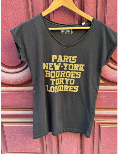 Tee shirt PARIS NEW YORK BOURGES TOKYO LONDRES paillettes or Anouk & Ninon