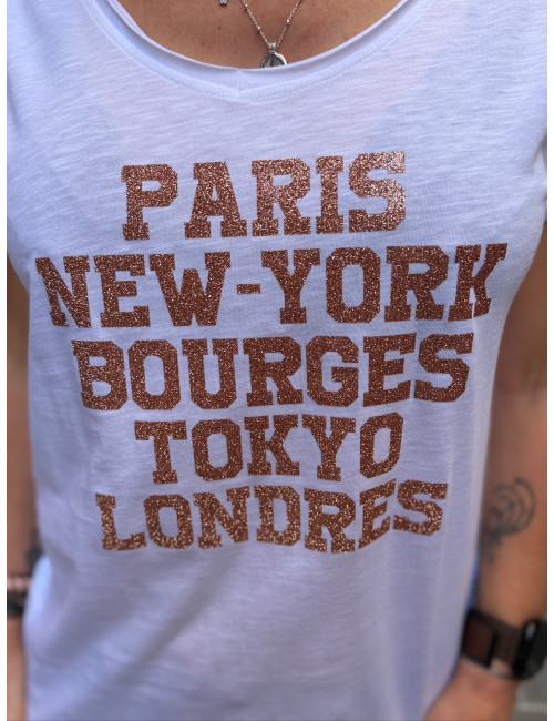 Tee shirt PARIS NEW YORK BOURGES TOKYO LONDRES paillettes rose gold
