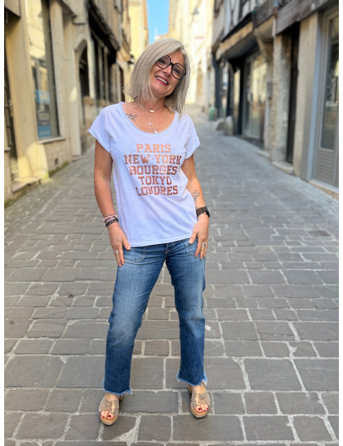 Tee shirt PARIS NEW YORK BOURGES TOKYO LONDRES paillettes rose gold
