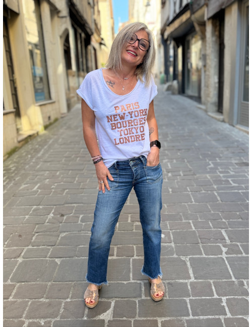 Tee shirt PARIS NEW YORK BOURGES TOKYO LONDRES paillettes rose gold