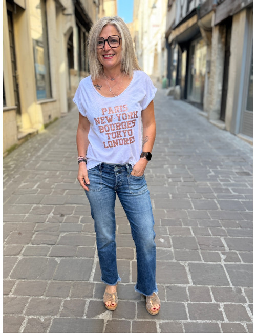 Tee shirt PARIS NEW YORK BOURGES TOKYO LONDRES paillettes rose gold
