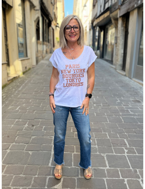 Tee shirt PARIS NEW YORK BOURGES TOKYO LONDRES paillettes rose gold