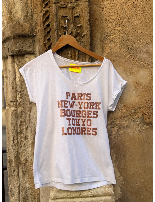 Tee shirt PARIS NEW YORK BOURGES TOKYO LONDRES paillettes rose gold