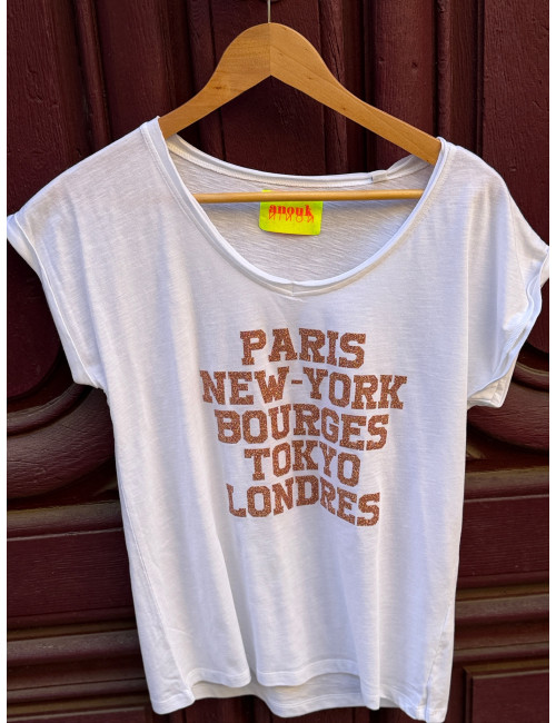 Tee shirt PARIS NEW YORK BOURGES TOKYO LONDRES paillettes rose gold