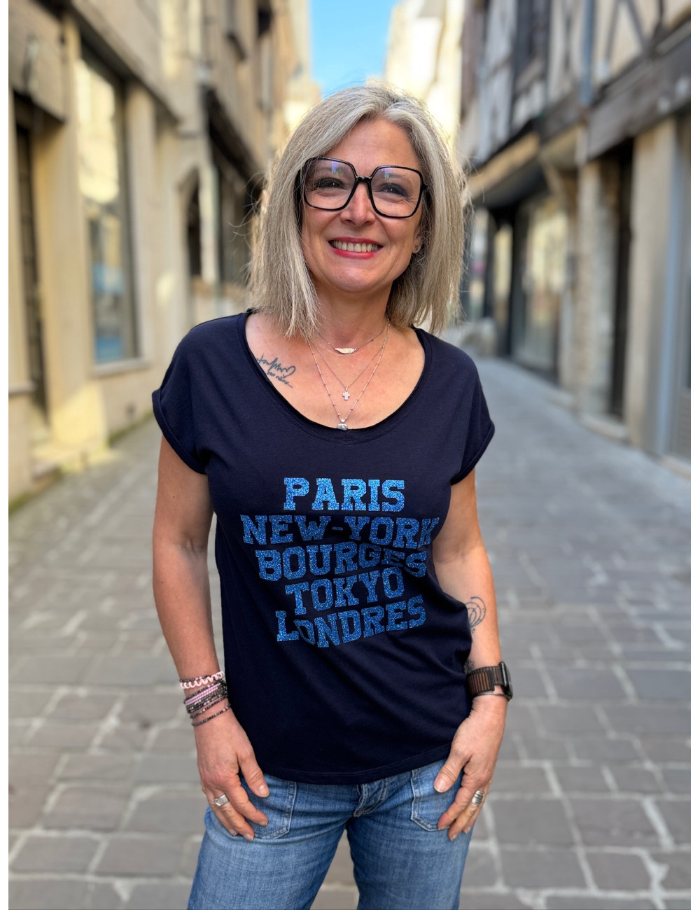 Tee shirt Paris New York Bourges marine paillettes indigo Anouk et Ninon