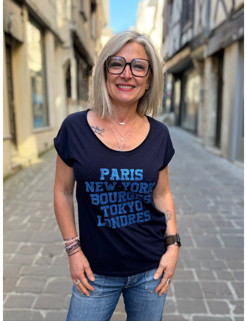 Tee shirt Paris New York Bourges marine paillettes indigo Anouk et Ninon