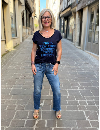 Tee shirt Paris New York Bourges marine paillettes indigo Anouk et Ninon